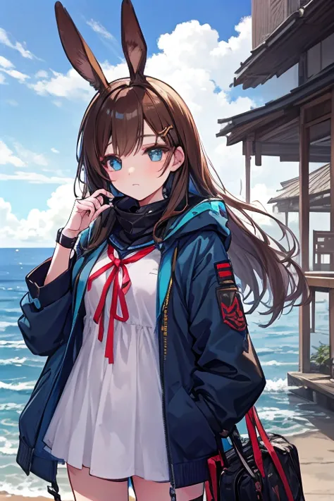 a woman in a blue jacket and bunny ears standing by the ocean, an anime drawing inspired by Ayami Kojima, trending on pixiv, shin hanga, fine details. girls frontline, from girls frontline, girls frontline style, girls frontline cg, girls frontline univers...