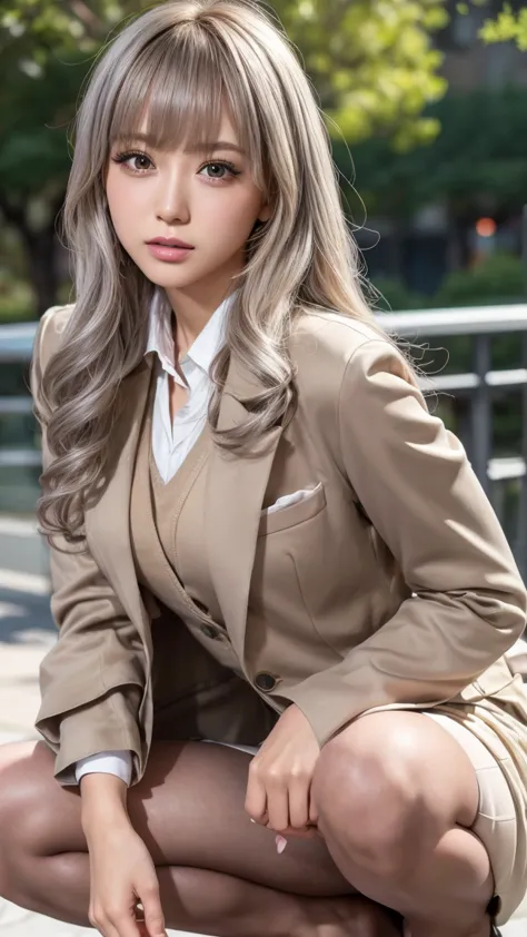 masterpiece, 8k, Award-Winning Photos, photorealistic, realistic, 非常に details, Ultra High Resolution, Ray Trakun, ///1 person, most beautiful, 20 years old , ( sexy, Japanese idols at a park in midsummer), (Gray Hair:1.2), /// Human Details 、 glossy skin, ...