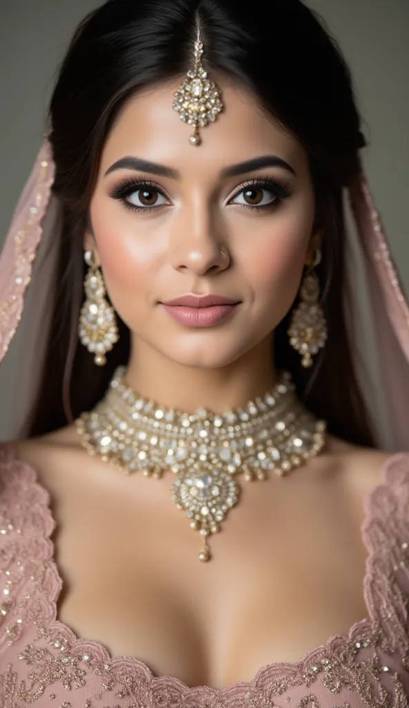 A beautiful fair skin indian girl wearing bridal designer nighty