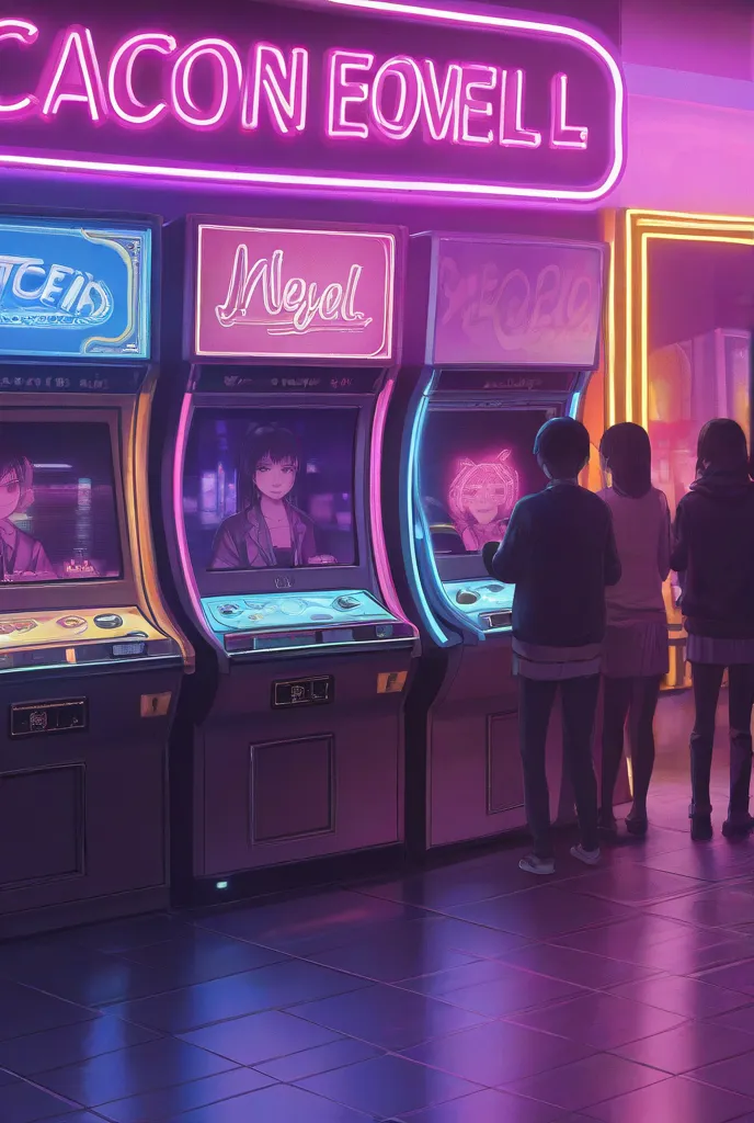 detailed anime-style scene from a realistic arcade with neon lights and people playing NegativeXL_D
