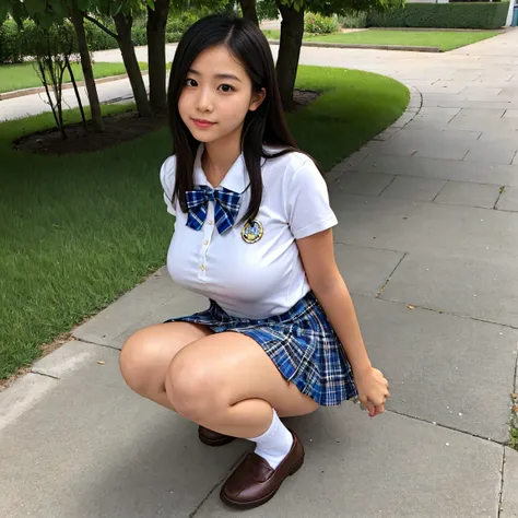 (RAW photo, highest quality, masterpiece: 1.2), (photo: 1.4), young girl, solo, shoes, cute asian face, mature body, massive chest, school uniform, short sleeve, super short plaid skirt, super short miniskirt, thicc thighs, white socks, school loafers, lin...