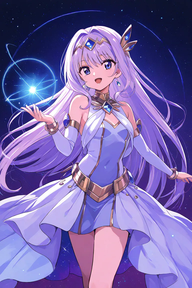 Create an illustration of a singing diva in a space opera setting, using a cel-shaded anime style with a limited 16-color palette,The diva is a graceful and ethereal figure with long flowing hair e.g.silver blue or purple ,a radiant captivating expression,...