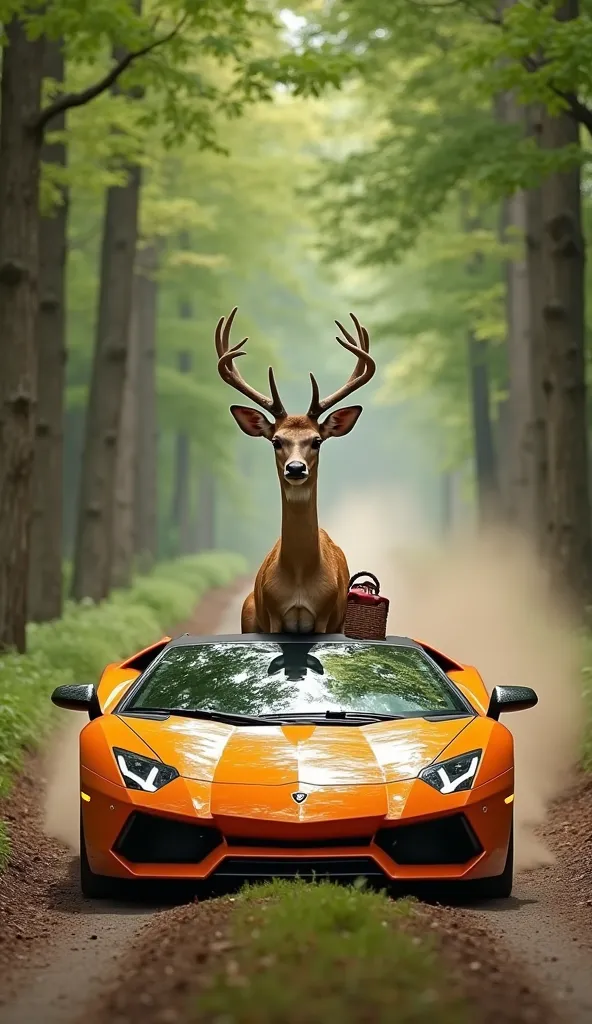 A Lamborghini car approaches along a narrow, unpaved road through a lush green forest.  The car's bright colors and sleek design create an interesting contrast with the natural surroundings of the forest.  A deer sits on the steering wheel of the car, its ...