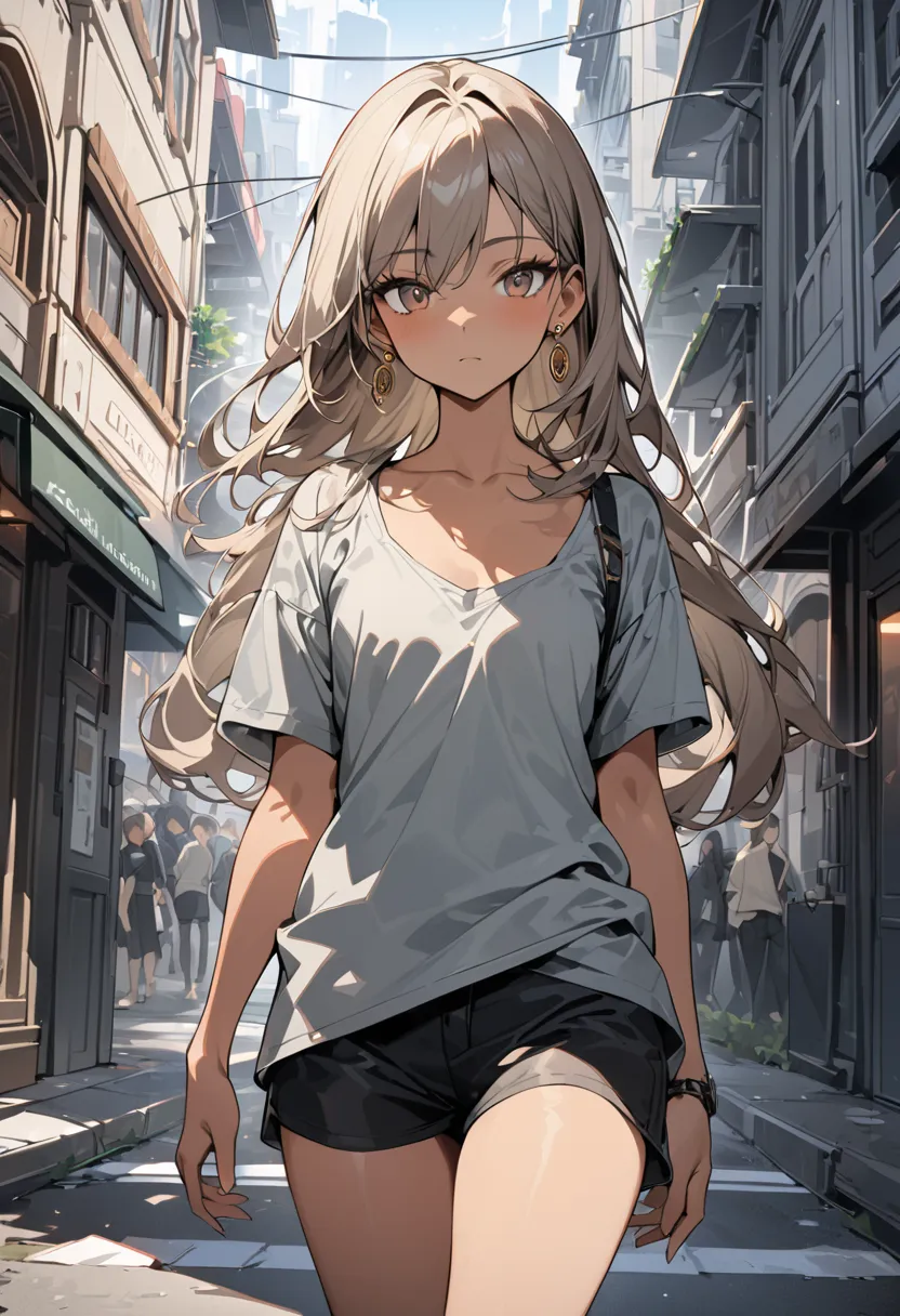 ((greatest masterpiece,Ultra High Quality:1.2)),(super resolution),(solo),cowboy shot,(Slender, slender high school girl walking around the city),beautiful face, healthy tan skin ,Light brown long hair,Perfect brown eyes,expressionless,Grey Tank Top,shorts...