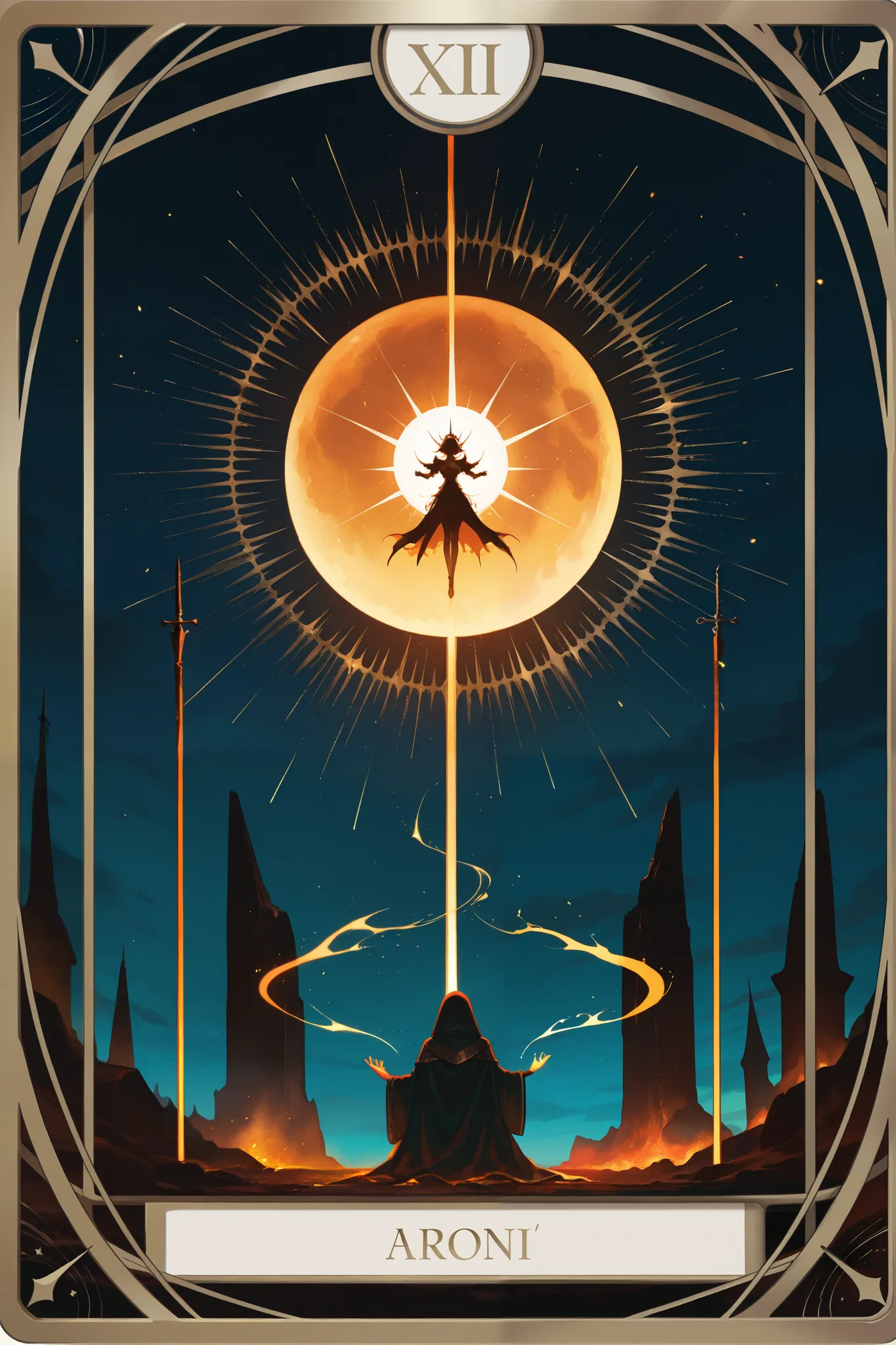 masterpiece,best quality,amazing quality,very aesthetic,tarot,detailed fantasy tarot card illustration,dramatic lighting,cinematic composition,intricate symbols and iconography,rich color palette,digital art