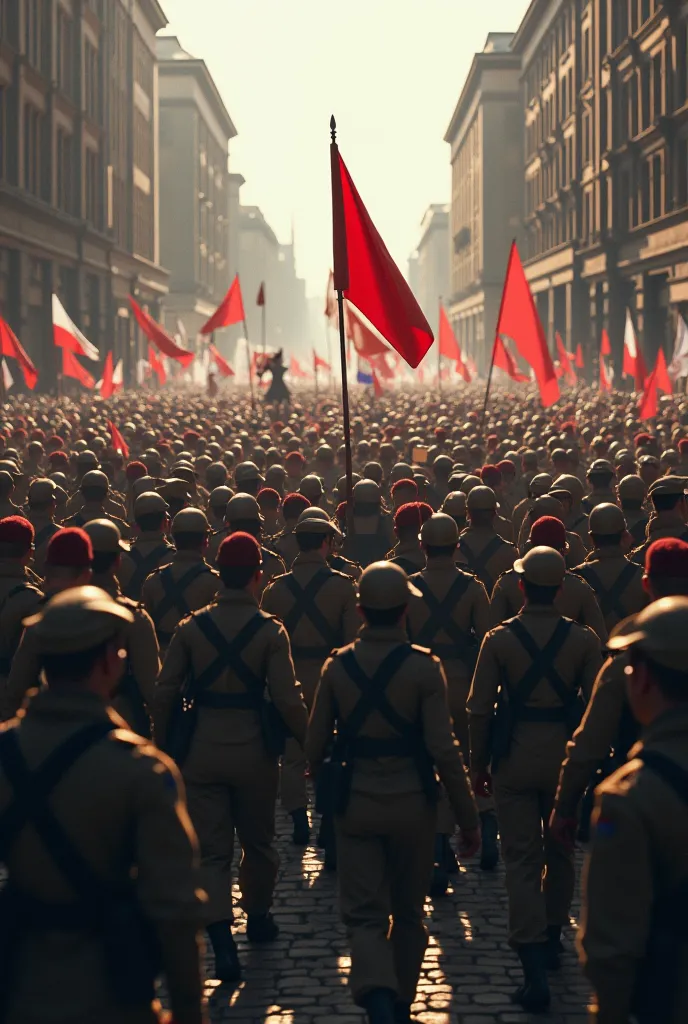 Protesters marching, soldiers joining them, or Nicholas II stepping down.