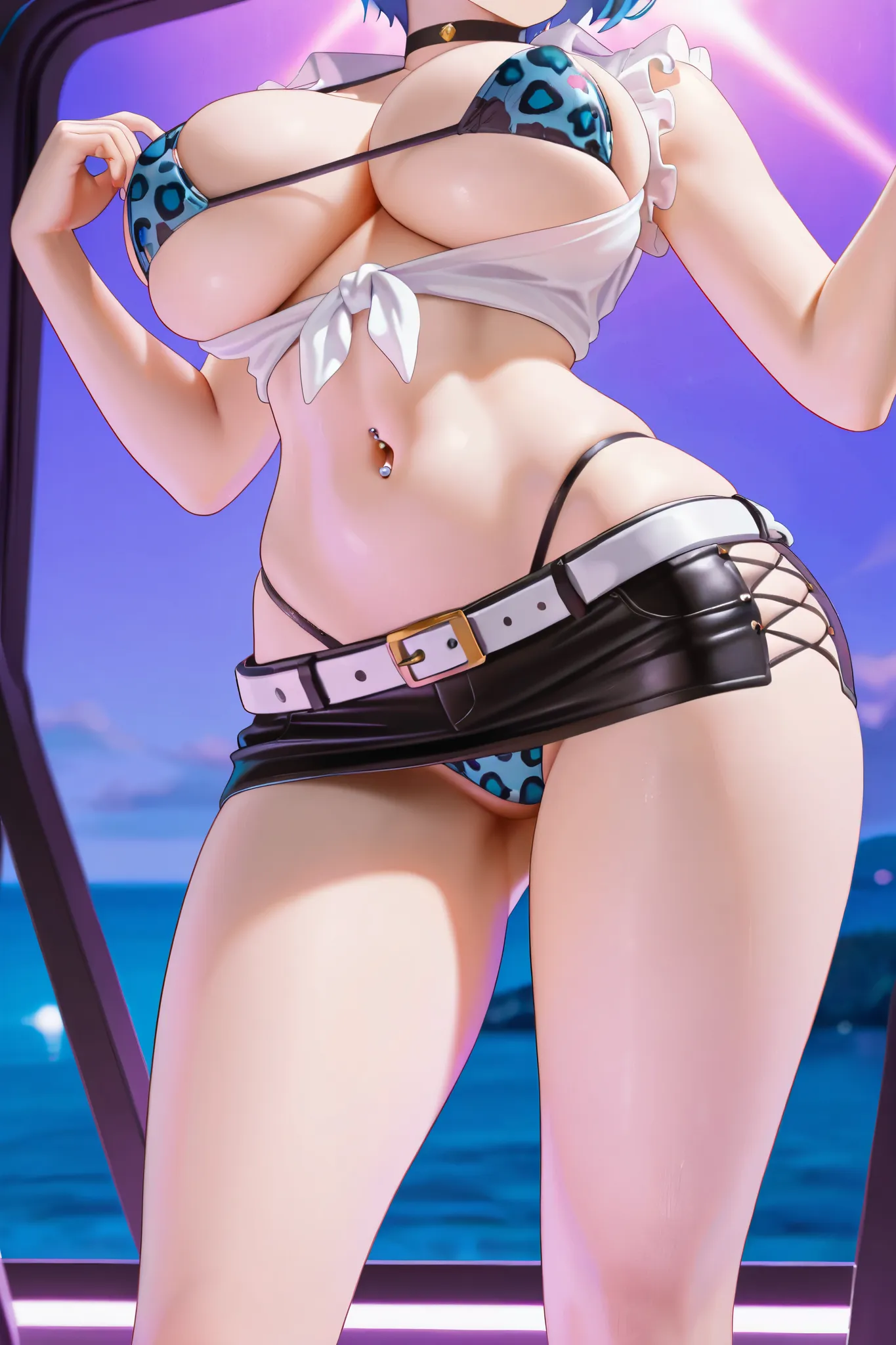 NSFW,masterpiece,top quality,High Resolution,in white for summer very detailed,Rem\(Re:Starting Life in Another World from Zero),short hair,blue hair, shirt with open front, tied shirt , panther bikini,high leg bikini,micro miniskirt in the background,belt...