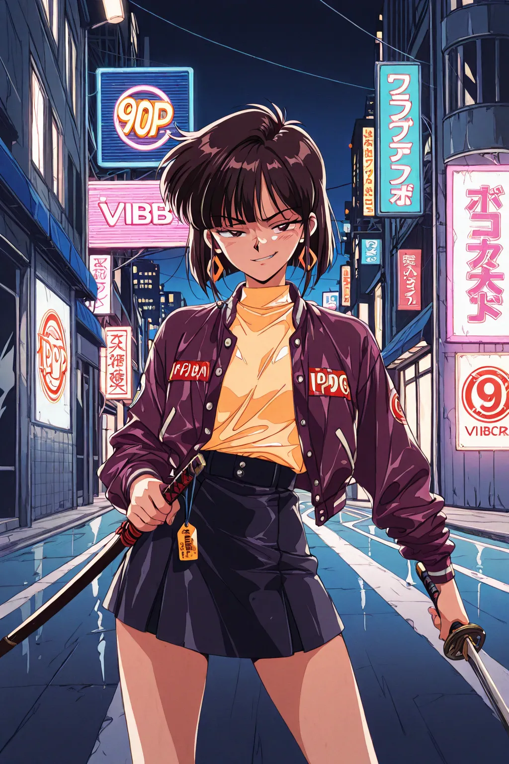 best quality,  1 girl, (((Anime 90s vibe))), anime 90-an,beautiful girl,  mature women,,, give.  Full body shot ,  high contrast ,short dark hair,anime classic,anime 90an color, determined) (((badass pose)),((half-lidded eyes)),street city pop, , (((smirki...