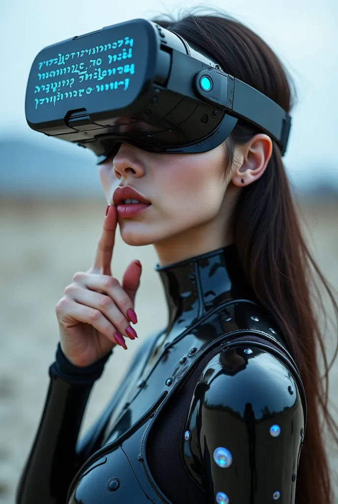 18-year-old South Korean woman, The most beautiful face that AI has created so far, with a futuristic appearance, with a black suit attached to her beautiful body, The costume must be futuristic and sparkle with phosphorescent blue letters of ancient Arama...