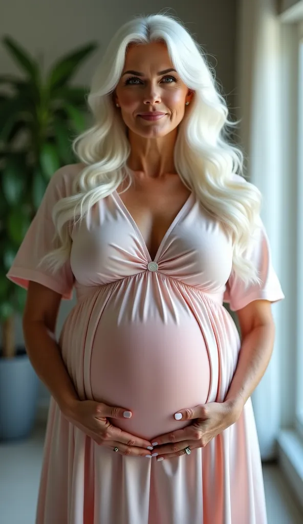 A stunning, mature pregnant woman in her 50s with long, flowing white hair, standing confidently with her arms crossed, expressing determination and defiance. Her bright, lively eyes and firm expression show that she is refusing to go to the doctor. Her ba...