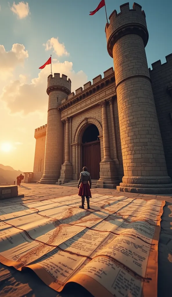 Old maps of naA valiant knight in shining armor stands before a massive stone castle, bathed in the golden light of the setting sun. Banners wave atop the towers, and the giant wooden gate is slightly open, revealing a glimpse of the medieval kingdom withi...