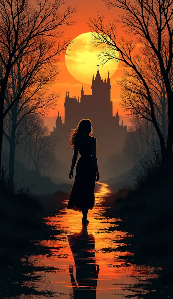 Silhouette of a young woman walking on a path towards a large, dark castle.  Woman, young adult, fair-skinned, wearing a dark, flowing, mid-century dress,  walking forward with a contemplative expression.  Her hair is long and flowing, slightly whipped by ...