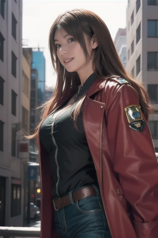 Portrait of a beautiful female model by Nathap., Georgia Fowler,     beautiful face,      long green hair  , Cyberpunk City Afternoon. She is wearing a red long coat.,      jeans negros     ,    Dramatic Lighting, (Police Badge:1.2)