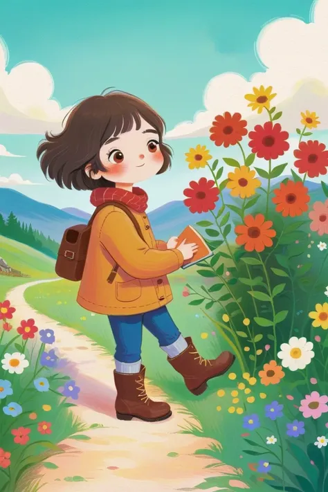 lo-fi illustration ,  cute hand-painted , Picture Book Illustration，Flowers in boots