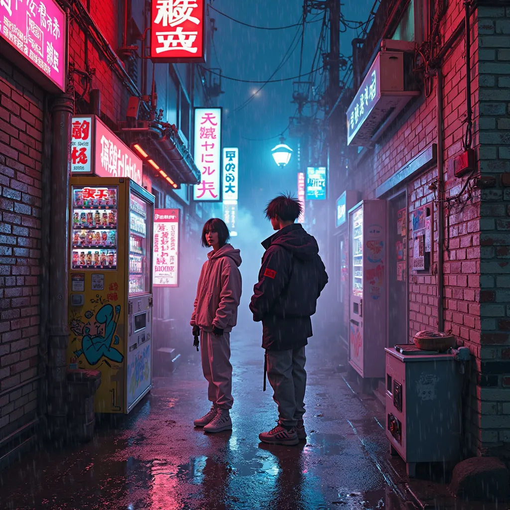 A high-energy urban streetwear scene inspired by Japanese anime culture. The background features a cyberpunk Tokyo alley illuminated by neon lights in shades of red, blue, and purple. Graffiti-styled anime characters are painted on brick walls, blending se...