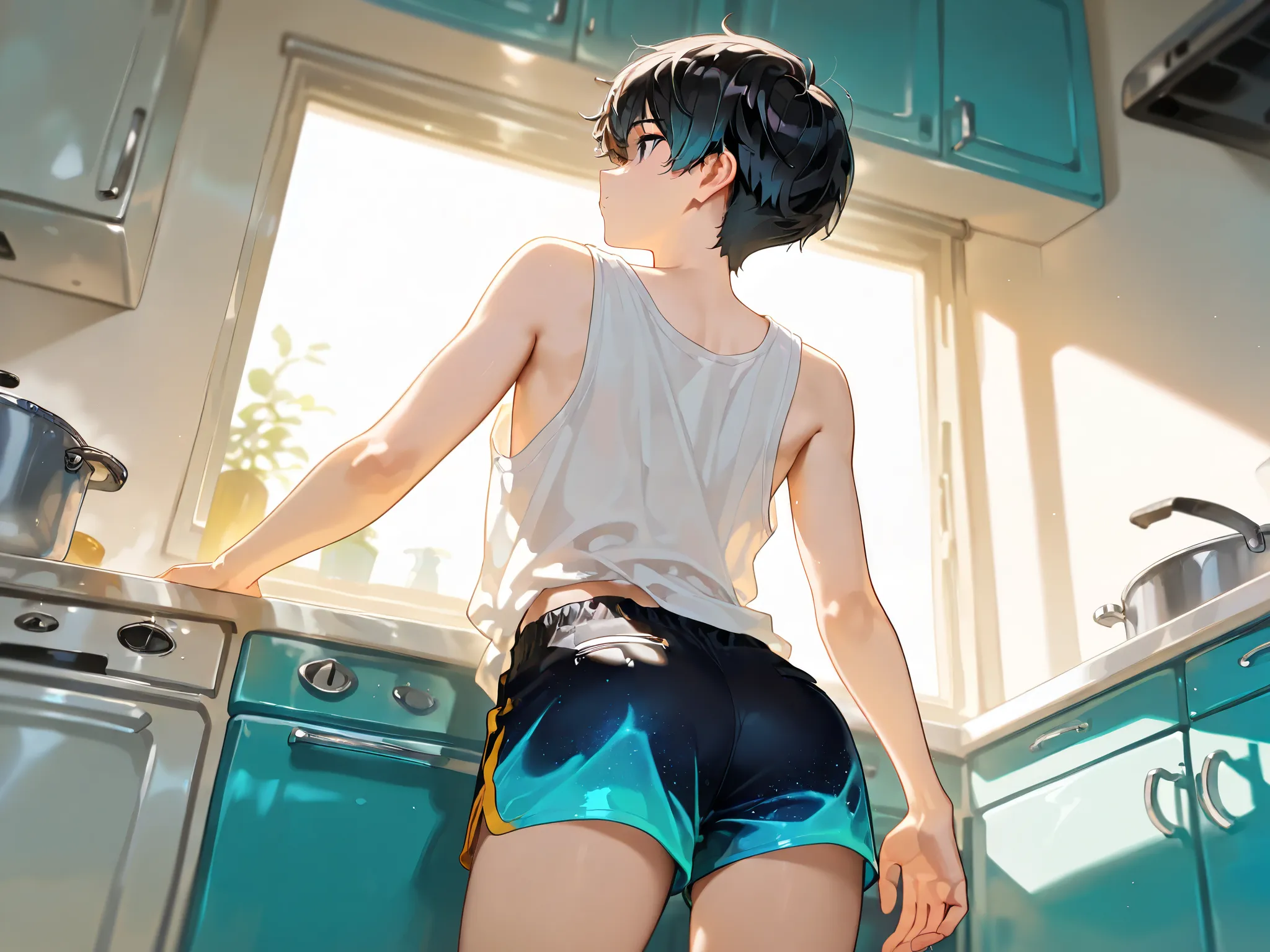 1boy, (young boy, ), solo, ((pixie cut, short hair)), black hair, black eyes, clear eyes, kitchen, ((loose tank top shirt)), ((dolphins shorts)), standing, cowboy shot, from back, from below, (perfect hands), (best quality, high quality), highly detailed, ...