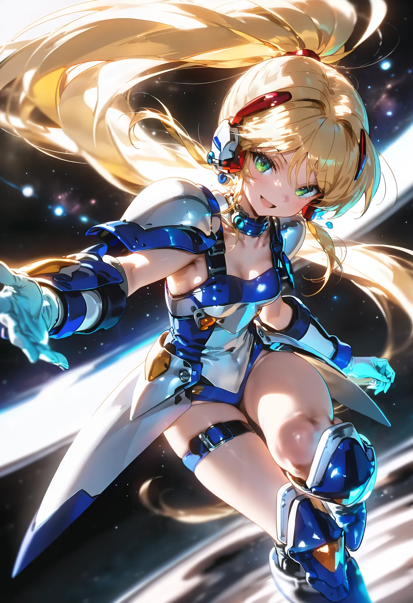 masterpiece,perfect anatomy,dutch angle ,k-yuna-xl-v1,1girl, solo, armor, blonde hair,long hair,ponytail,hair ornament,pauldrons, shoulder armor,white leotard,two-tone,greaves, choker, very long hair, green eyes,open mouth, thigh strap, white gloves, looki...