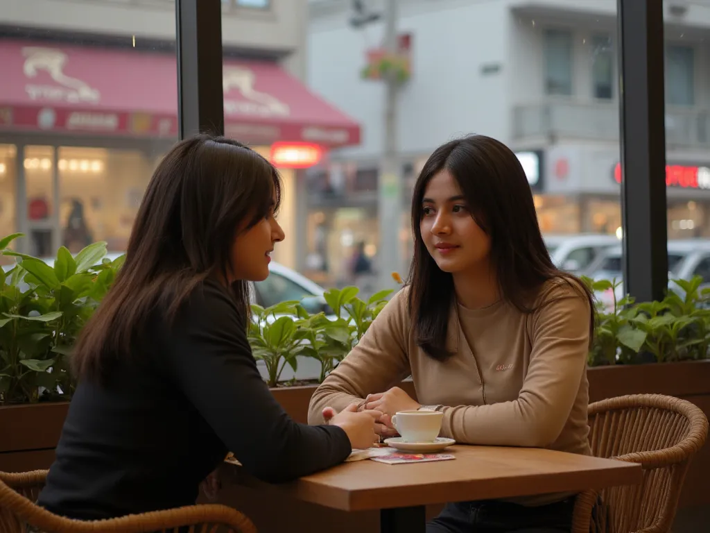 "A cinematic, aesthetic scene of two young women sitting in a cozy café. One is Korean, and the other is Indian, both with long hair and fair skin. They are engaged in a friendly conversation over coffee. The café has warm lighting, wooden furniture, and a...