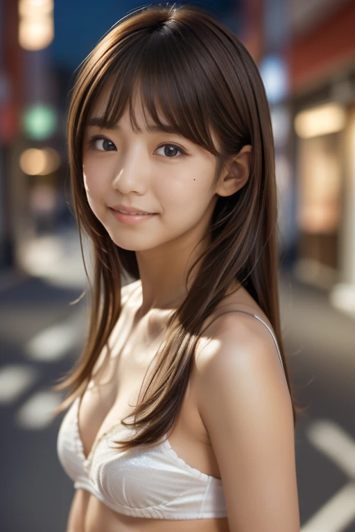 Product quality, 1 girl, (Whole body:1.3), Front shot, Front view, Young and pretty girl in Japan, At night, wearing white bra and panties, (White panties focus), (View your audience:1.2), (Looking into the camera:1.5), ((In the city of Ginza)), Super cute...