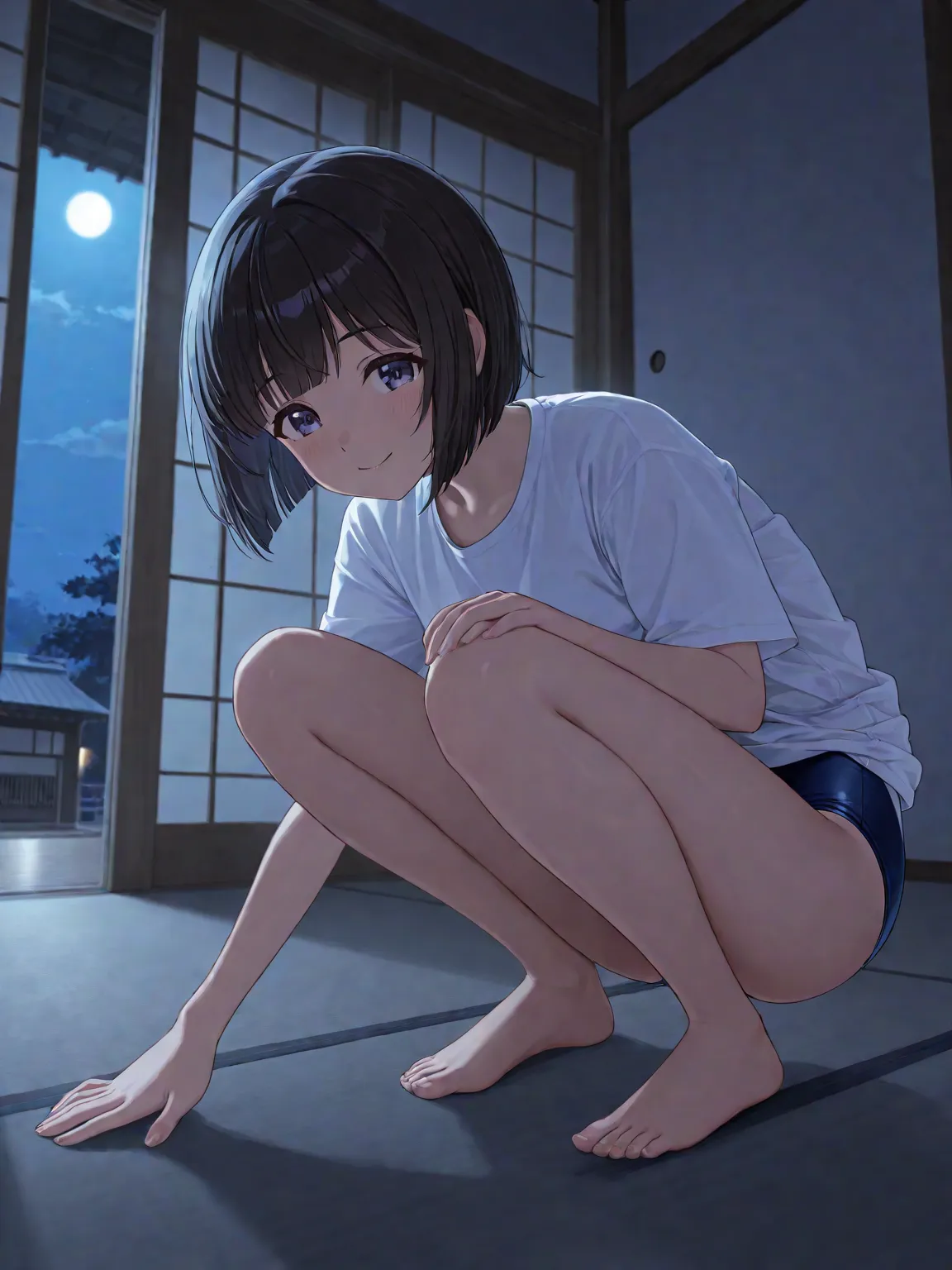 dark haired short bob,white t-shirt,navy blue competitive swimsuit, Japanese-style room in a Japanese house,Late Night, moonlight ,crouching,clear々A beautiful smile