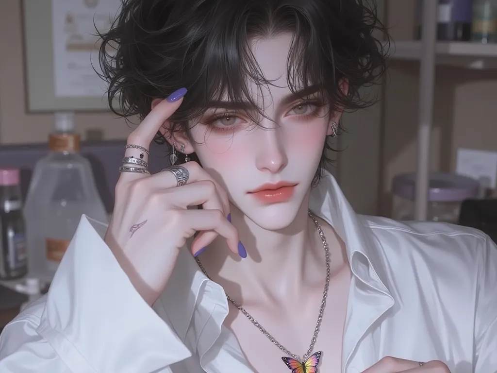 . 24-year-old man, pastel dark hair with tips, Mata cokelat tua,, butterfly tattoo, and a white shirt with a deep collar,  karir .: Manicurist Background: Solo bottle rack, Long hair  , Right hand purple manicure