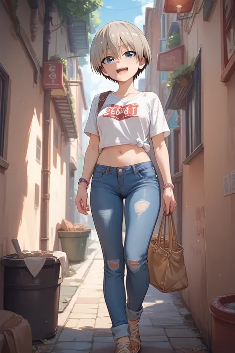 Hana Uzaki, denim miniskirt, low-cut blouse ,in an alley 