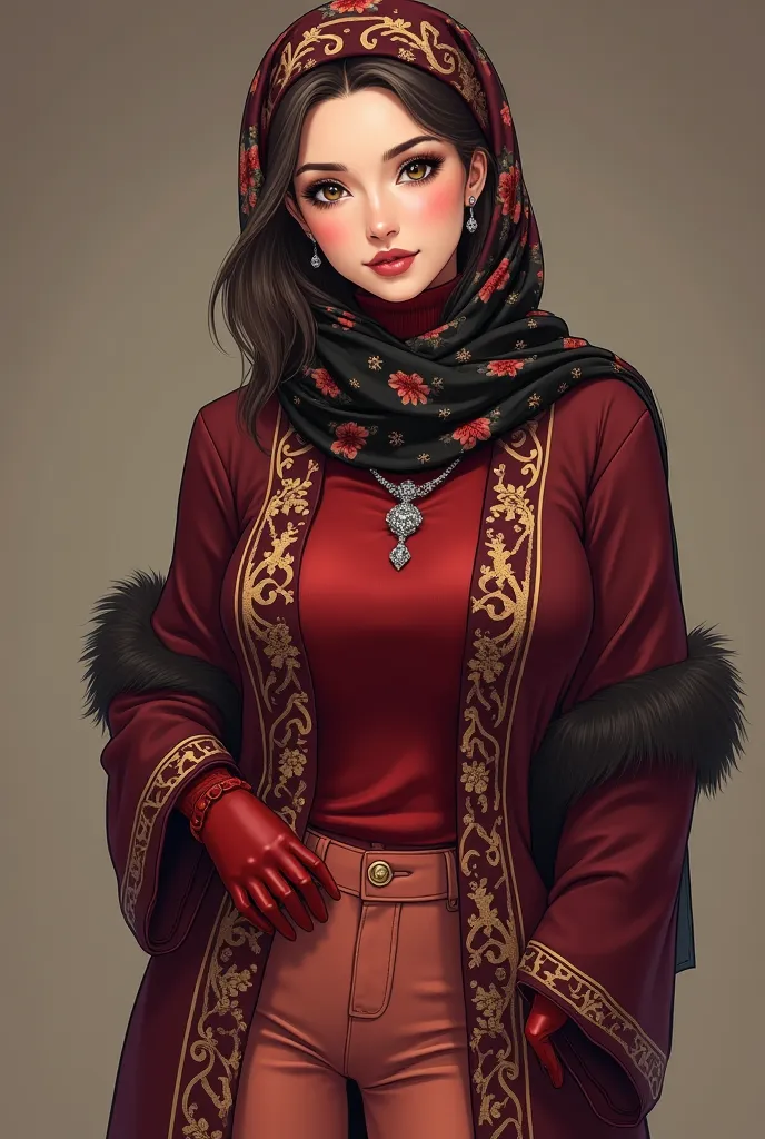 A beautifully inspired mature anime woman in her 40s with a gracefully hot and sexy curvy figure with big breasts and thick thighs is dressed in a scarlet coloured woolen turtleneck sweater adorned with delicate floral prints, paired with stylish salmon co...