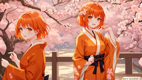 orange hair、cute、One Woman、The clothes are orange kimono、The background is a cherry blossom landscape、The length of the hair is short hair、Medium chest、anime style、Ultra High Quality