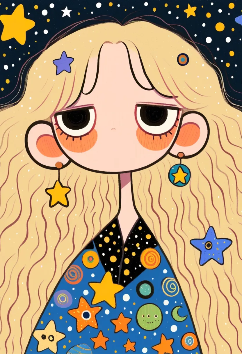 Naive Art ，Folk Art，thick black lines，portrait， big eyes，with long hair and stars in her hair, Dressed in stars and planets, She gazes at an anime girl with stars in her eyes, 