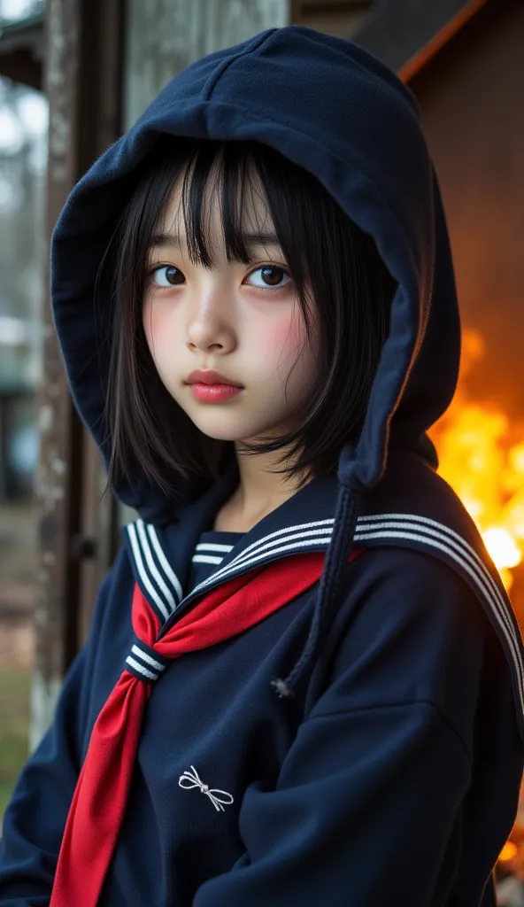 A house that burns violently、inflammation、inflammation、A very cute girl in Mompey,A girl wears a dark blue emergency hood made from a thick cushion、inflammationに包まれた背景、white skin、 navy blue sailor suit 、   Long Sleeve、 Red Scarf on the Chest   、professiona...