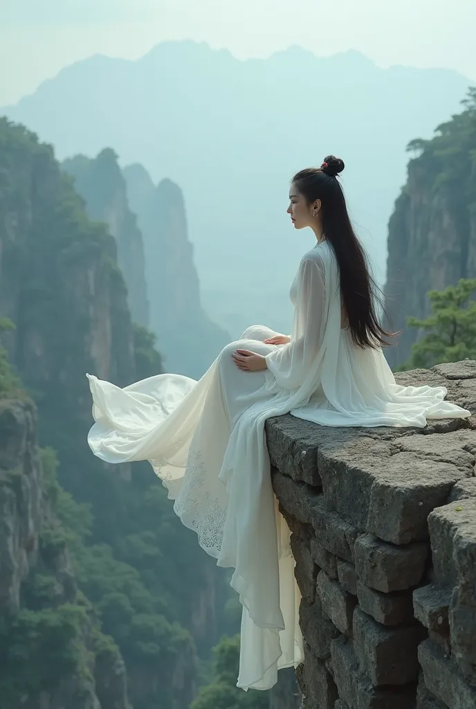 A breathtaking, ultra-high-definition 8K photograph capturing a stunning Chinese woman sitting solemnly on the edge of a rugged cliff, gazing into the distant horizon with a melancholic, contemplative expression. The scene exudes a sense of solitude and qu...