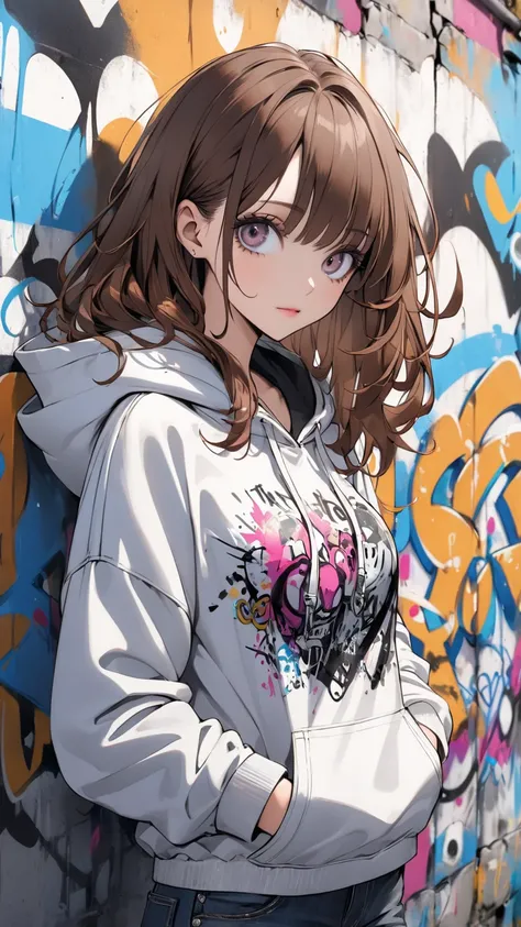  Tim Burton style、 graffiti、pants（ denim ）、female、upper body、hoodie、brown hair, front view