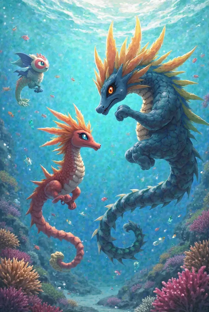 Create a Pokémon Seahorse water boxer fight with 3 evolutionary stages