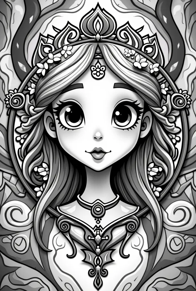 Mandala Cencilla with a princess's face in the middle of an animated black and white cartoon 