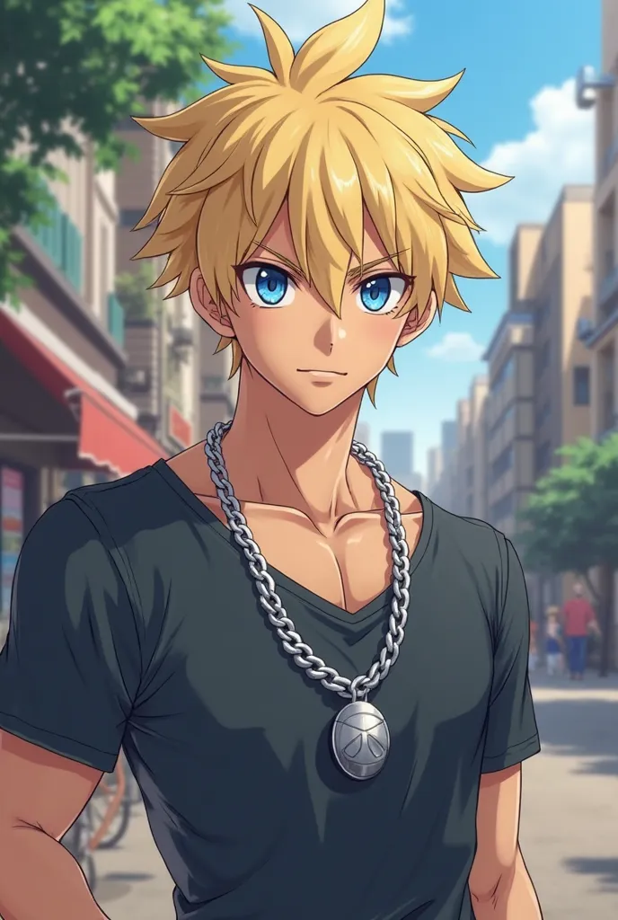 anime boy dark blond hair with blue eyes and silver necklace 20 years old older full body older face pokemon, muscular body 20 years old manly full body pale skin facial hair posing for picture in town