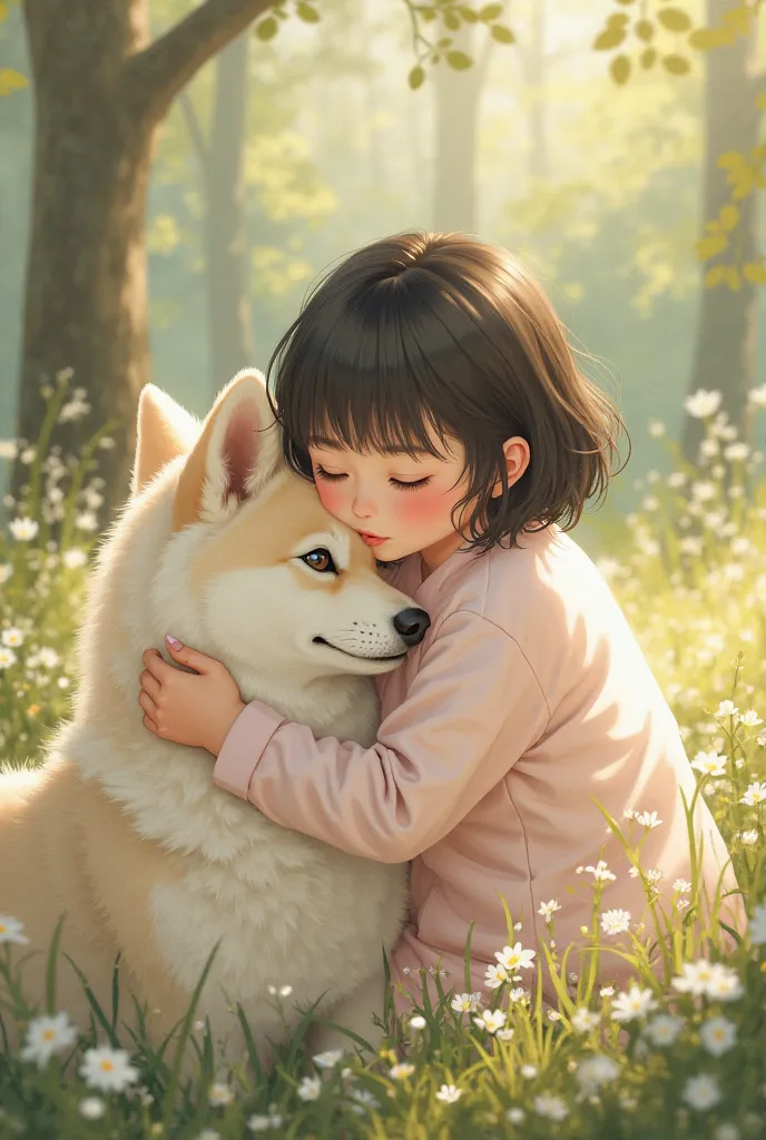 A girl with short dark hair and her white Akita Inu dog