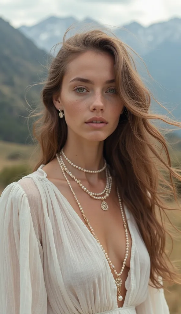 The image shows a young woman with long brown hair, that develop in the wind. She is wearing a loose white blouse with puff sleeves, made of lightweight fabric with vertical ribbing. blouse, Probably, white or light color, creates a feeling of airiness and...