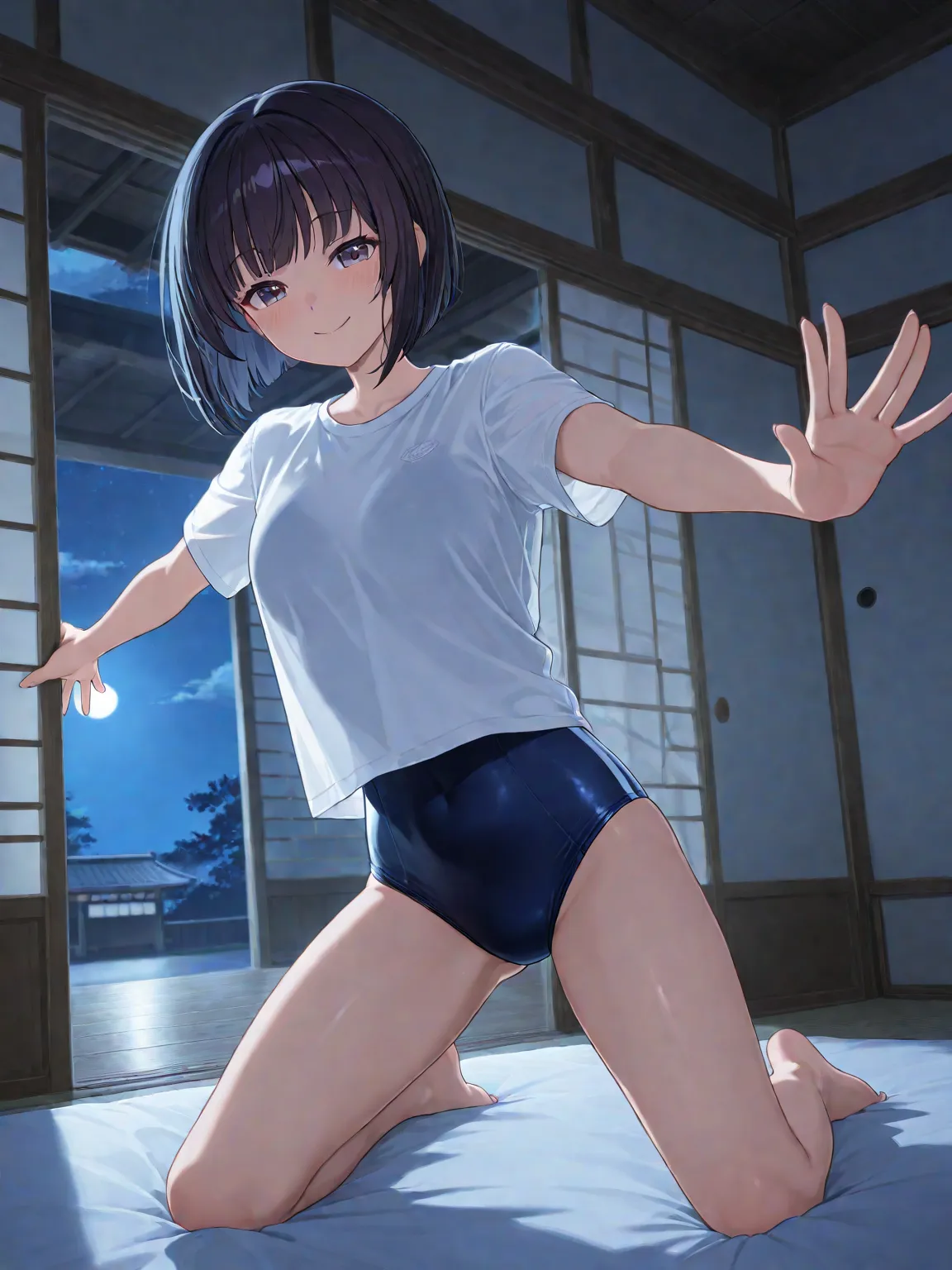 dark haired short bob,white t-shirt,navy blue competitive swimsuit, Japanese-style room in a Japanese house,Late Night, moonlight ,I'm stretching my black panties with both hands,clear々A beautiful smile,