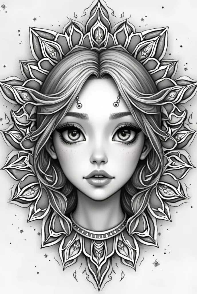 Cencilla mandala with a princess's face in a half animated black and white drawing 