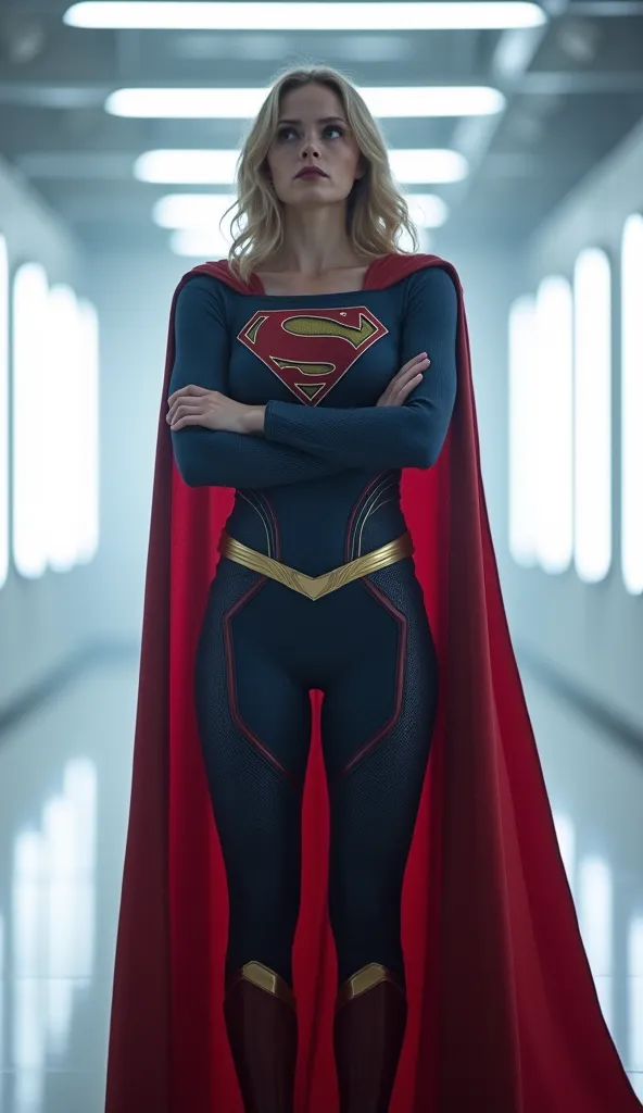  Supergirl, standing with her red cape flowing, crosses her arms as she thinks deeply. The bright white light from the lab’s LED panels reflects on her suit. The futuristic white-toned background creates a sci-fi atmosphere as she considers the effects of ...