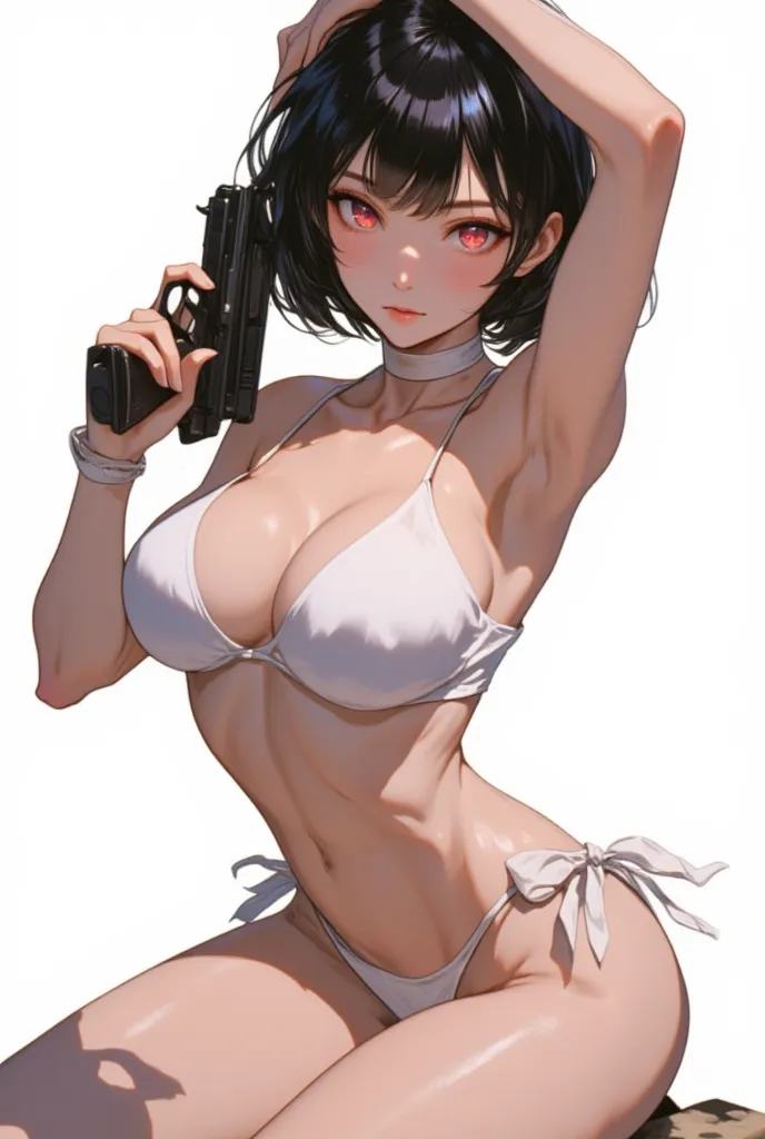 With a picture of an Asian woman、eyes real red eyes, 最high quality, super fine, 16k, 信じられないほどHigh Resolution,  extremely detailed,  Delicate and Dynamic, It&#39;s transparent，High Resolution、bewitching beautiful woman、short black hair、Broad chest 、big brea...