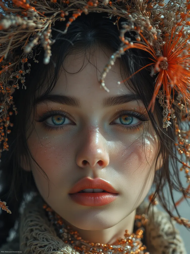  buried in the sand , beautiful supermodel portrait,  beautifully detailed face and intricate . This image teeth、 Combining futuristic and traditional elements in Neo Mode ,   avant-garde style  , Delicate, Smooth Lines , bright color, exquisite details . ...