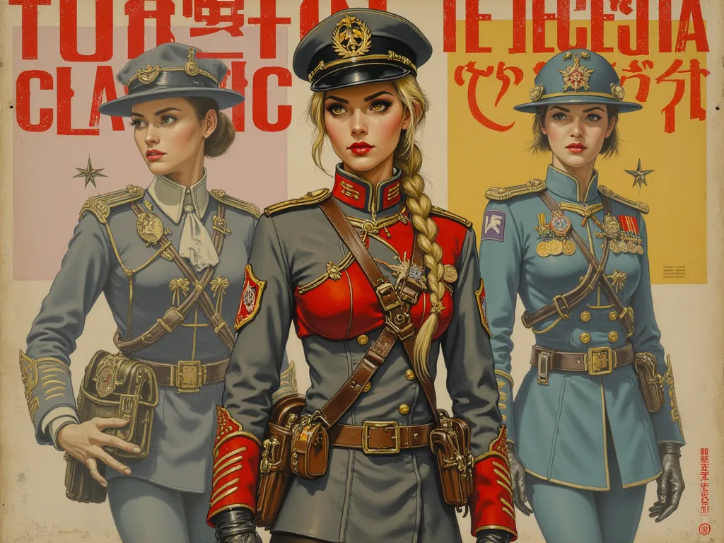 Detailed proportions and textures and multi-color with airbrushed brush strokes that presents a semi-realistic illustration in Chinese A beautiful and strong young woman in a steampunk and epic fantasy style military uniform where black-gray tones predomin...