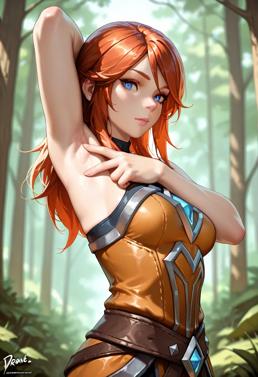  ultra detail,  detailed face ,   detail eyes and hair, Beautiful eyes, Masterpiece,  top quality,  Photorealistic,  That&#39;s ridiculous., 8k,  RAW photos , drow ranger (Dota 2), presenting armpits, blurry backround, forest