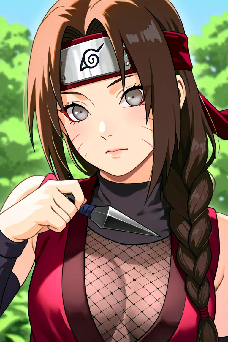 Image is an anime naruto style illustration featuring a beautiful lady ninja from Konoha, with fair skin and large, expressive gray eyes. She has long brown hair, styled with a red headband and a braid over one shoulder, and wears a traditional Konoha fore...