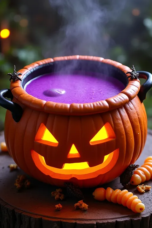 Pumpkin cauldron with purple juice inside

