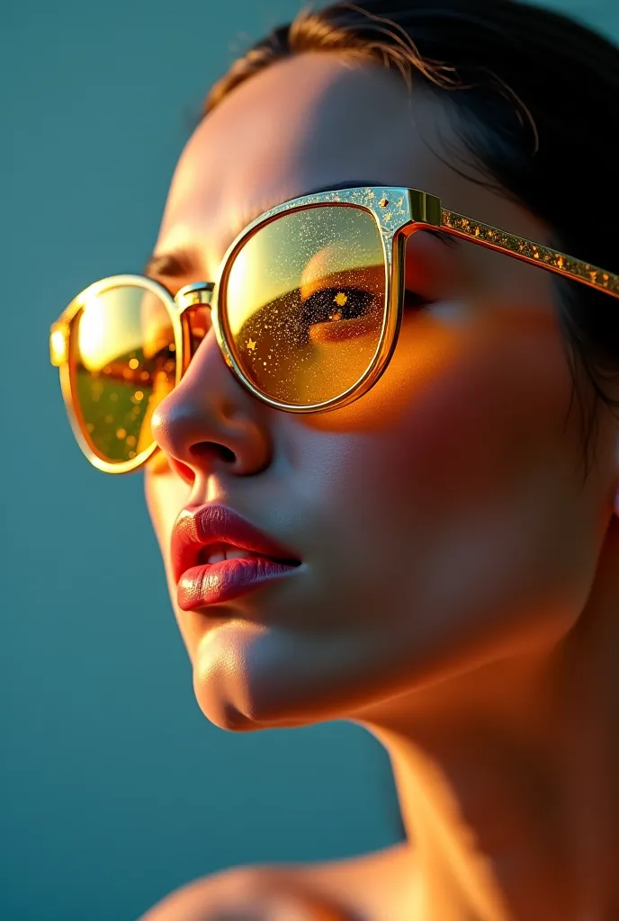 The model wears glass sunglasses with stars and the moon on the glass To create a scene of oil filling in the can, we can design a video that shows the following:

1. Oil flow: Close up of pure transparent oil slowly flowing from a glass jar or filling mac...