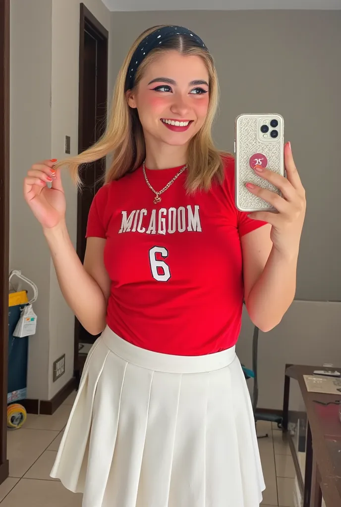 Butt Mirror Selfie, A beautiful blonde young woman wearing a sexy red colour school uniform, from behind, pleated white mini skirt, holding a phone, vibrant smile, blue eyes, hyper-detailed 