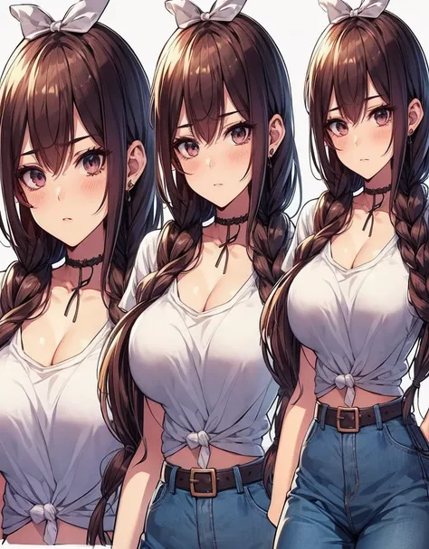  manga style 、 anime style 、of a sixteen-year-old woman with an attractive and confident expression、highly detailed anime-style illustration。She has long dark brown hair in two loose braids、tying a small white ribbon。Her seductive eyes are slightly narrowe...