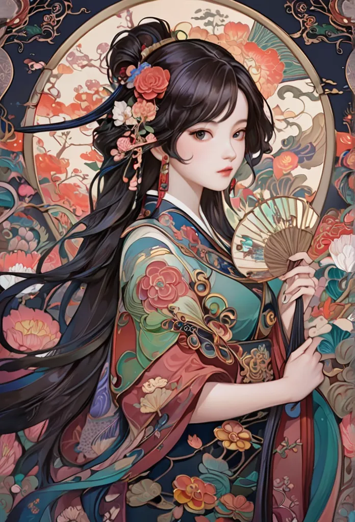 Picture of a Woman with Long Hair and a Fan, Korean Art Nouveau Animation, Beautiful and Exquisite Paintings, Jean J., beautiful character drawing, Complex and beautiful painting, Chen Yifei , julianne, , by Ni Zan, Inspired by Yun Fei Zhi,  inspired by Qi...